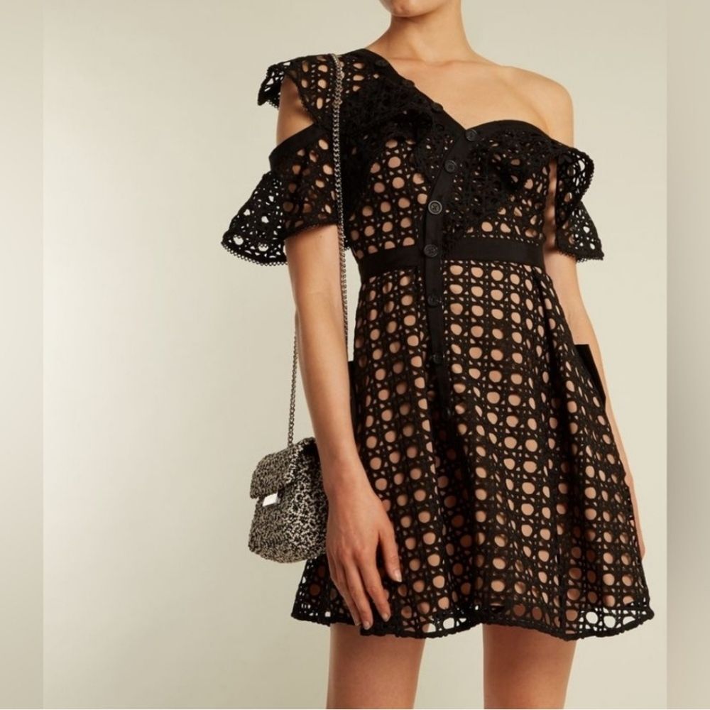 Self-Portrait Guipure Lace Frill Mini Dress Black Size 2